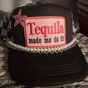 Black and Pink Trucker Hat with Pearl Chain